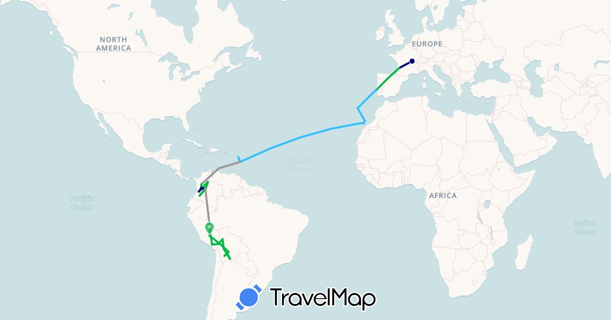 TravelMap itinerary: driving, bus, plane, boat in Bolivia, Colombia, Curaçao, Spain, France, Guadeloupe, Martinique, Peru, Portugal (Europe, North America, South America)